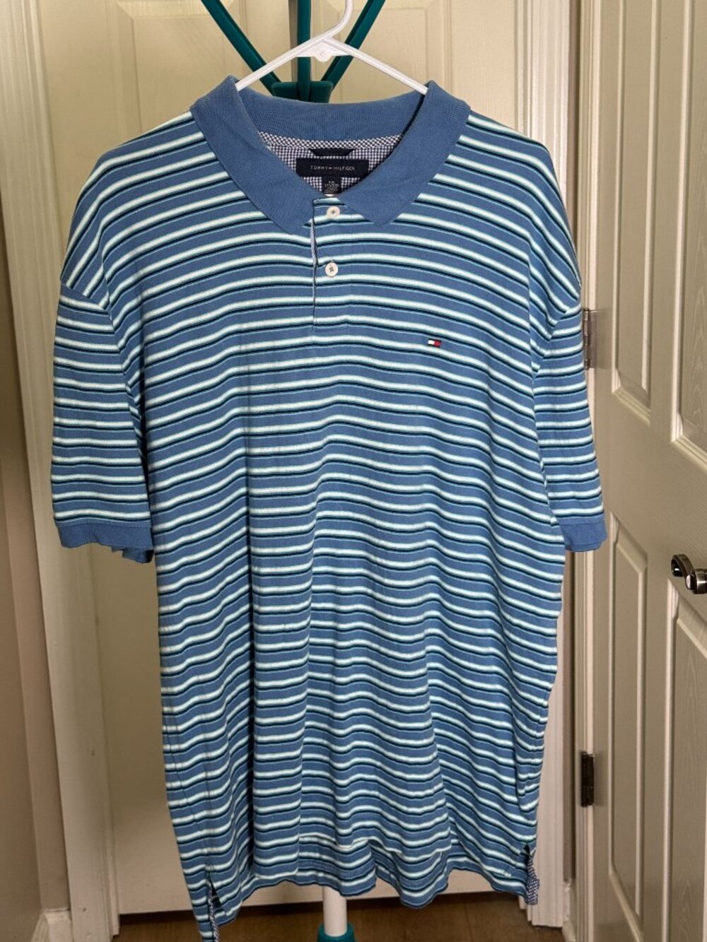 Tommy Hilfiger Blue Striped Polo Shirt Men’s 2XL Classic Fit Logo Cotton